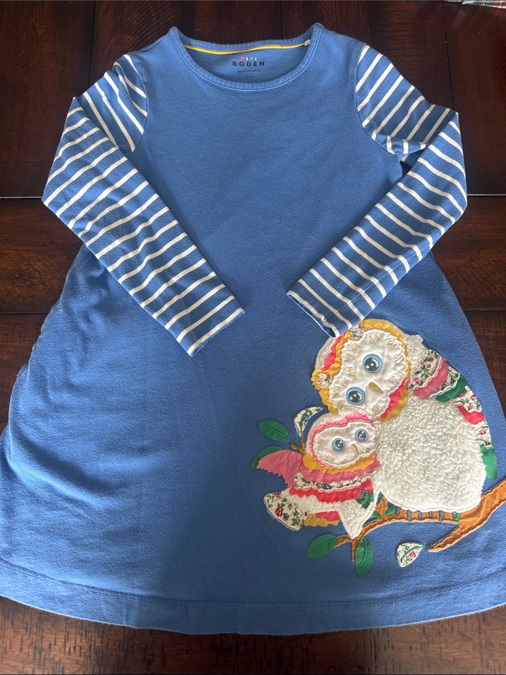 Mini Boden Owl Appliqué Long Sleeve Cotton Dress - Blue / Stripes | Size 6-7Y
